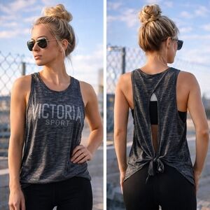 Victoria Sport Gray Tank Top Cut Out Tie Back Hem | Lightweight Athletic Gym